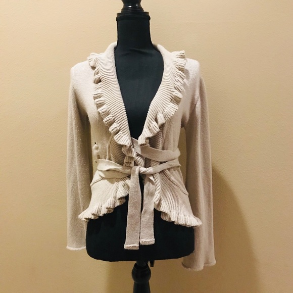 Sweaters - Wrap Cardigan Sweater Gray Tan Ruffle